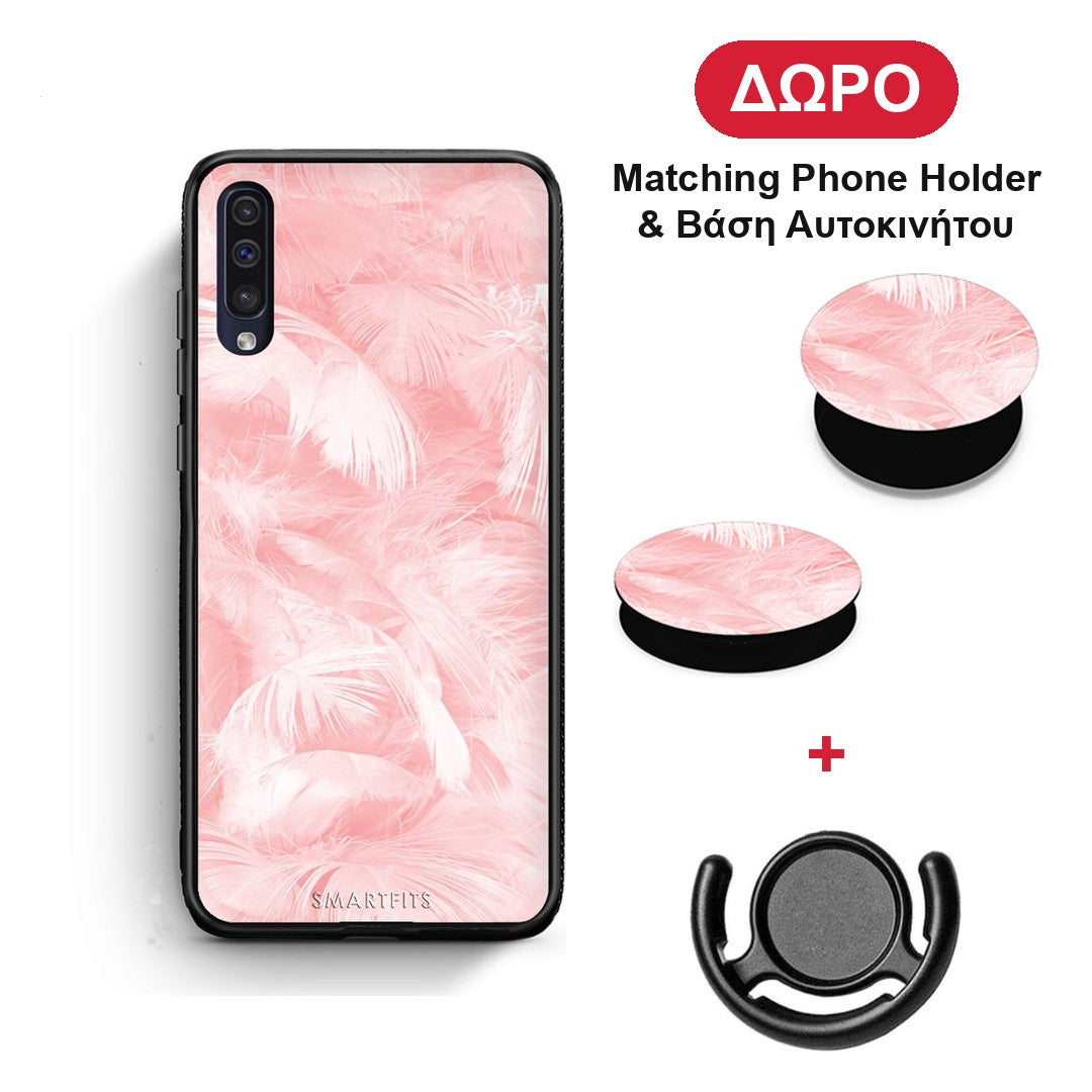 Boho Pink Feather - Samsung Galaxy A50 / A30s θήκη + Δώρο Phone Holder & Βάση Αυτοκινήτου