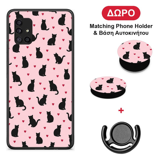 Black Cat Silhouettes and Hearts on Pink - Samsung Galaxy A51 5G θήκη + Δώρο Phone Holder & Βάση Αυτοκινήτου