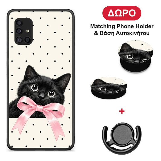 Black Kitten Pink Bow and Polka Dots - Samsung Galaxy A51 5G θήκη + Δώρο Phone Holder & Βάση Αυτοκινήτου