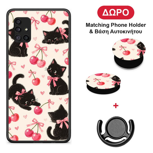 Black Kittens and Cherries on Cream - Samsung Galaxy A51 5G θήκη + Δώρο Phone Holder & Βάση Αυτοκινήτου
