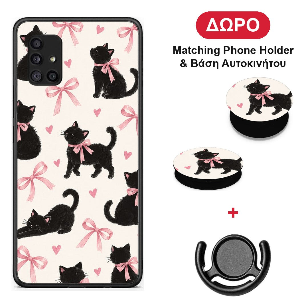 Black Kittens and Pink Bows on Cream Large - Samsung Galaxy A51 5G θήκη + Δώρο Phone Holder & Βάση Αυτοκινήτου