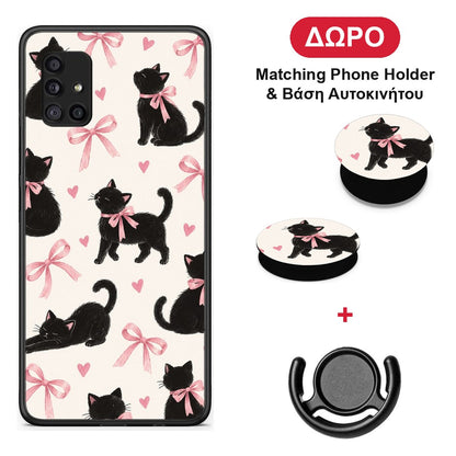 Black Kittens and Pink Bows on Cream Large - Samsung Galaxy A51 5G θήκη + Δώρο Phone Holder & Βάση Αυτοκινήτου