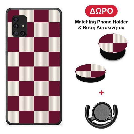 Burgundy and Cream Striped Checks - Samsung Galaxy A51 5G θήκη + Δώρο Phone Holder & Βάση Αυτοκινήτου