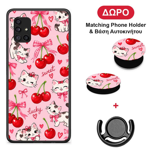 Cherries Bows and Kittens on Pink - Samsung Galaxy A51 5G θήκη + Δώρο Phone Holder & Βάση Αυτοκινήτου