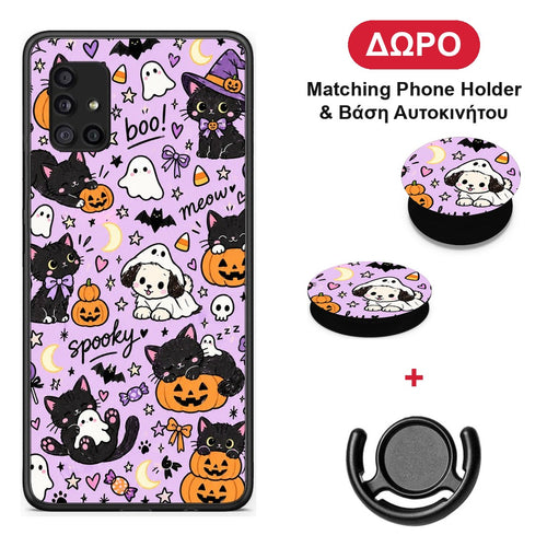 Halloween Black Cats on Lilac - Samsung Galaxy A51 5G θήκη + Δώρο Phone Holder & Βάση Αυτοκινήτου