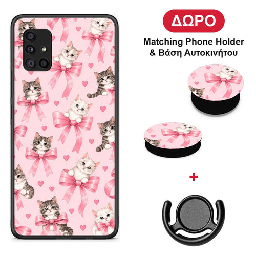 Kittens and Pink Bows on Pink - Samsung Galaxy A51 5G θήκη + Δώρο Phone Holder & Βάση Αυτοκινήτου