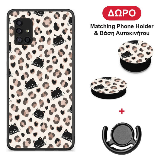 Leopard Spots and Black Cats on Cream - Samsung Galaxy A51 5G θήκη + Δώρο Phone Holder & Βάση Αυτοκινήτου