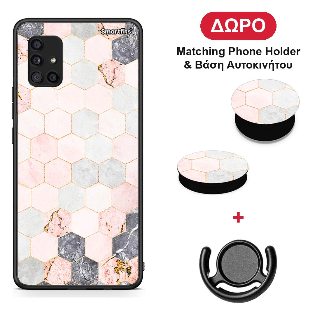 Marble Hexagon Pink - Samsung Galaxy A51 5G θήκη + Δώρο Phone Holder & Βάση Αυτοκινήτου