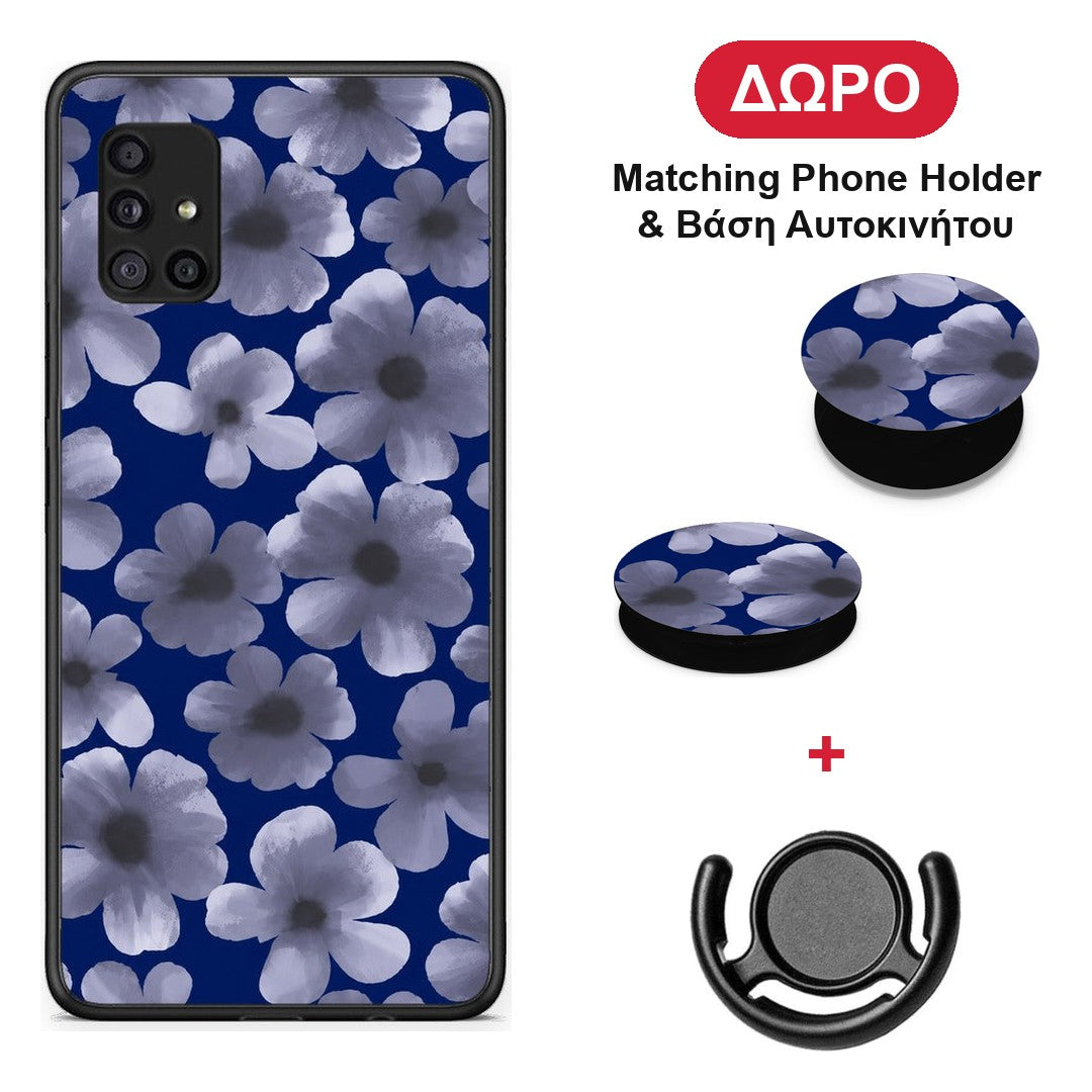 Pale Blue Flowers on Navy - Samsung Galaxy A51 5G θήκη + Δώρο Phone Holder & Βάση Αυτοκινήτου