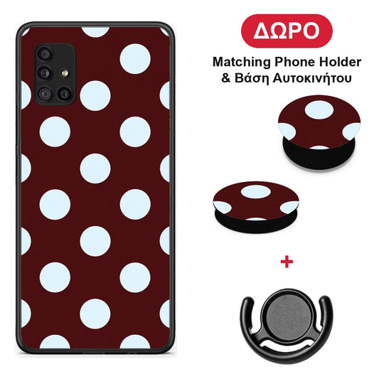 Pale Blue Large Polka Dots on Burgundy - Samsung Galaxy A51 5G θήκη + Δώρο Phone Holder & Βάση Αυτοκινήτου