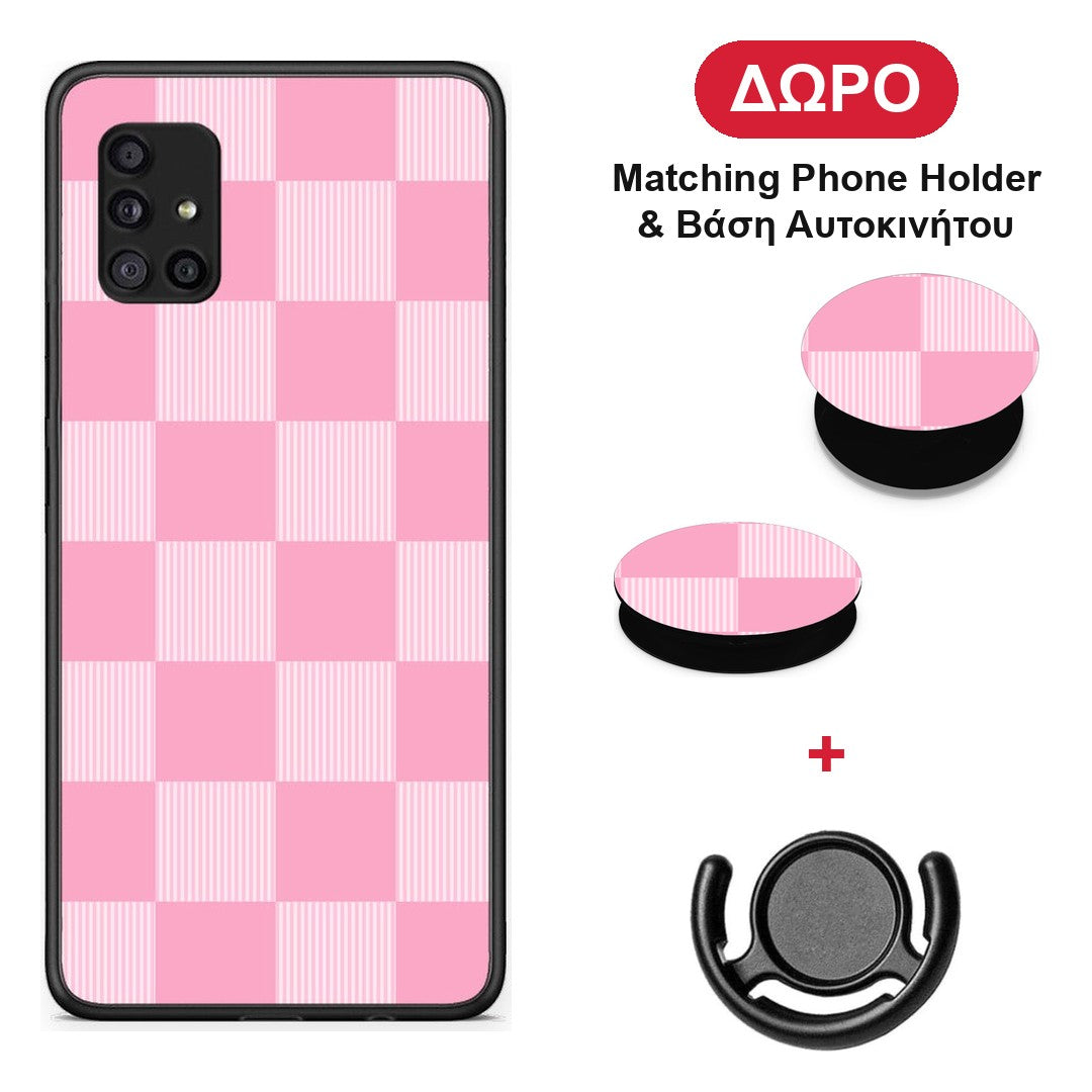 Pink and White Striped Checks - Samsung Galaxy A51 5G θήκη + Δώρο Phone Holder & Βάση Αυτοκινήτου