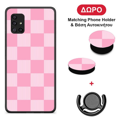 Pink and White Striped Checks - Samsung Galaxy A51 5G θήκη + Δώρο Phone Holder & Βάση Αυτοκινήτου