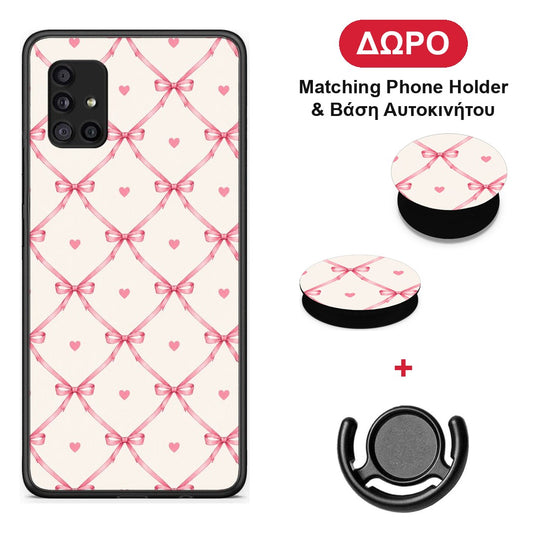 Pink Bow Lattice and Hearts on Cream - Samsung Galaxy A51 5G θήκη + Δώρο Phone Holder & Βάση Αυτοκινήτου