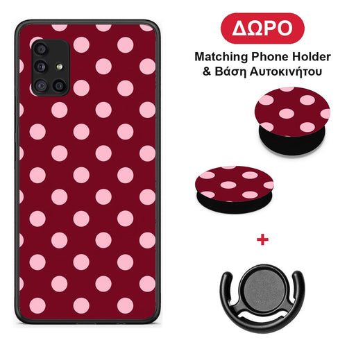 Pink Polka Dots on Burgundy - Samsung Galaxy A51 5G θήκη + Δώρο Phone Holder & Βάση Αυτοκινήτου