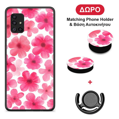 Pink Watercolour Flowers on White - Samsung Galaxy A51 5G θήκη + Δώρο Phone Holder & Βάση Αυτοκινήτου