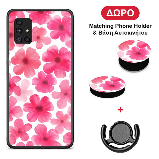 Pink Watercolour Flowers on White - Samsung Galaxy A51 5G θήκη + Δώρο Phone Holder & Βάση Αυτοκινήτου