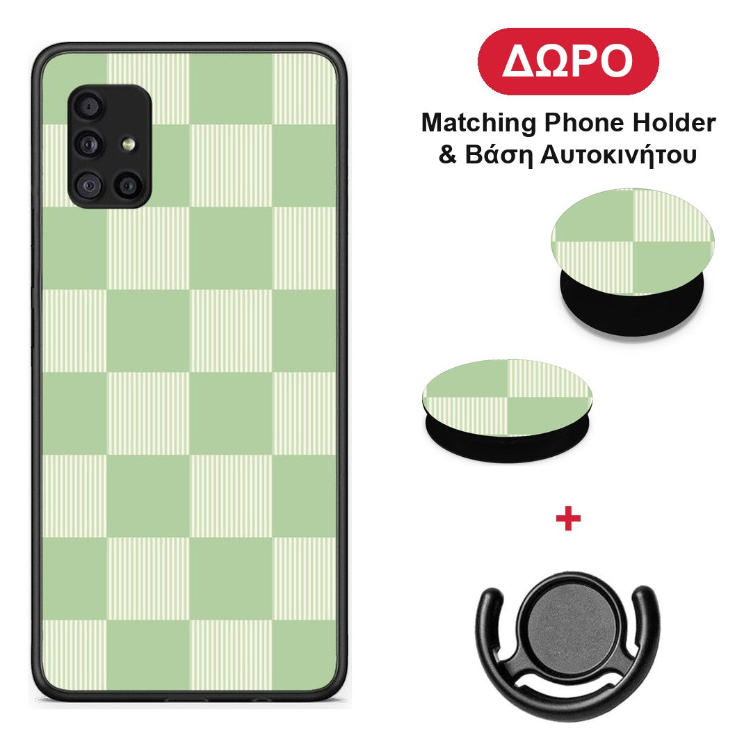 Sage and Cream Striped Checks - Samsung Galaxy A51 5G θήκη + Δώρο Phone Holder & Βάση Αυτοκινήτου