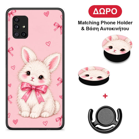 White Bunny and Pink Bows - Samsung Galaxy A51 5G θήκη + Δώρο Phone Holder & Βάση Αυτοκινήτου
