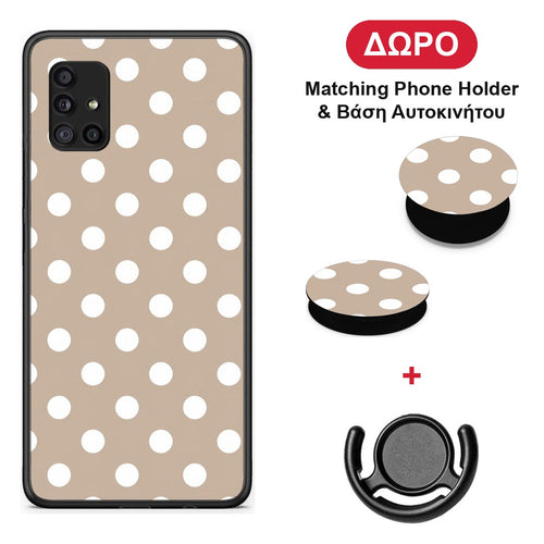 White Polka Dots on Taupe - Samsung Galaxy A51 5G θήκη + Δώρο Phone Holder & Βάση Αυτοκινήτου