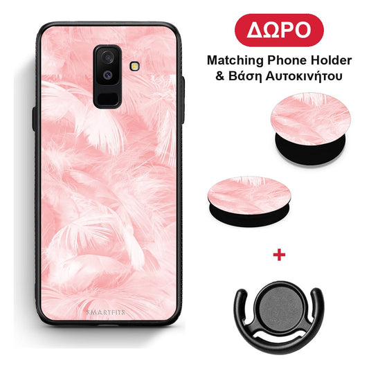 Boho Pink Feather - Samsung Galaxy A6+ 2018 θήκη + Δώρο Phone Holder & Βάση Αυτοκινήτου