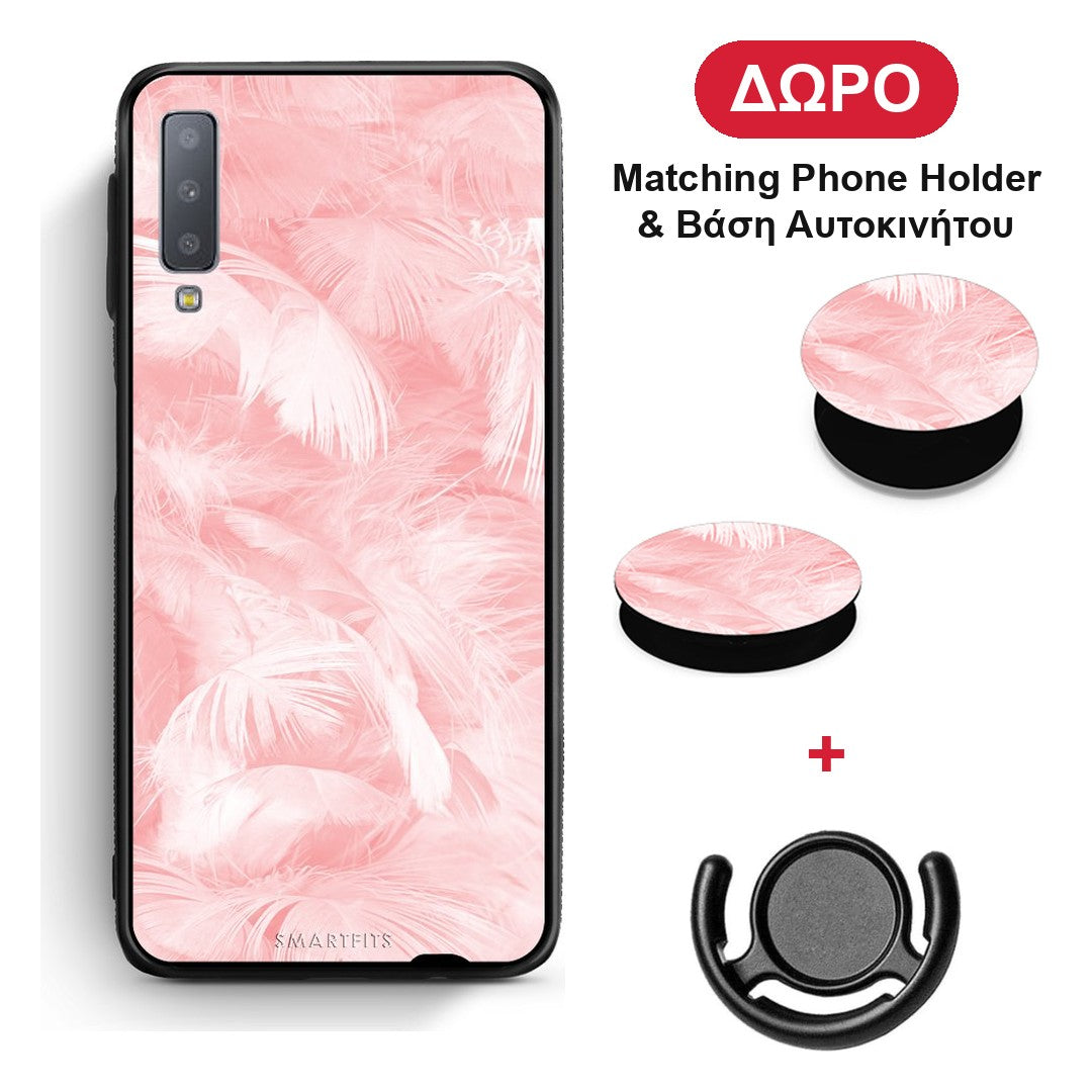 Boho Pink Feather - Samsung Galaxy A7 2018 θήκη + Δώρο Phone Holder & Βάση Αυτοκινήτου