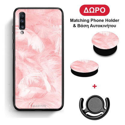 Boho Pink Feather - Samsung Galaxy A70 θήκη + Δώρο Phone Holder & Βάση Αυτοκινήτου