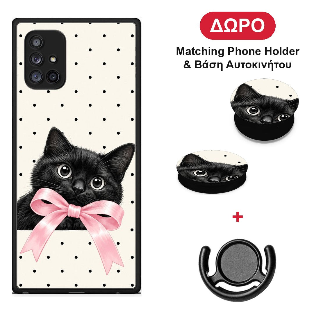 Black Kitten Pink Bow and Polka Dots - Samsung Galaxy A71 5G θήκη + Δώρο Phone Holder & Βάση Αυτοκινήτου
