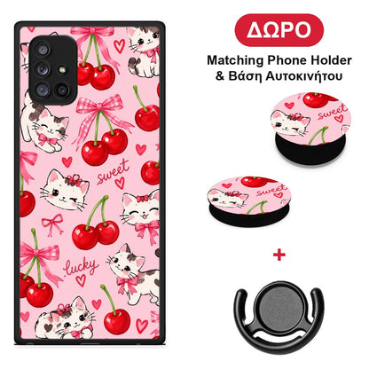 Cherries Bows and Kittens on Pink - Samsung Galaxy A71 5G θήκη + Δώρο Phone Holder & Βάση Αυτοκινήτου