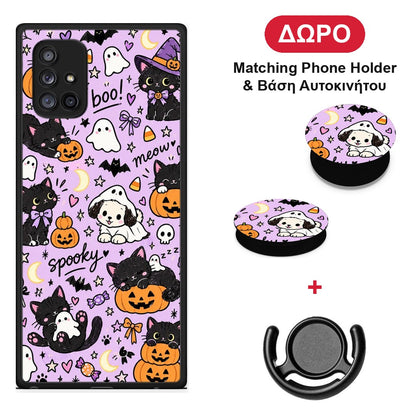 Halloween Black Cats on Lilac - Samsung Galaxy A71 5G θήκη + Δώρο Phone Holder & Βάση Αυτοκινήτου