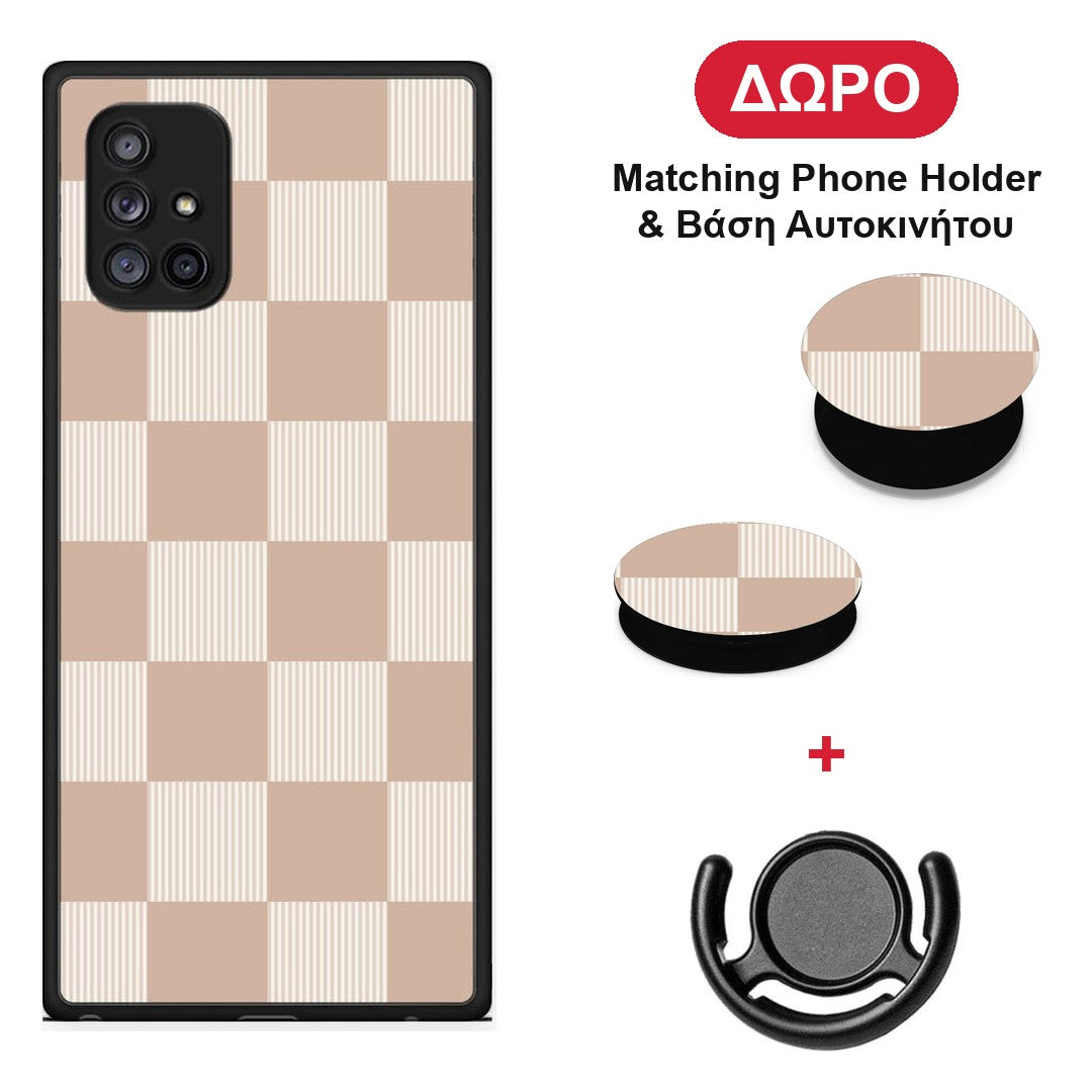 Latte and Cream Striped Checks - Samsung Galaxy A71 5G θήκη + Δώρο Phone Holder & Βάση Αυτοκινήτου