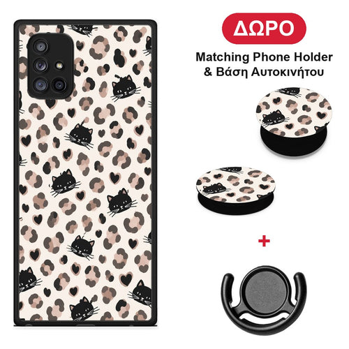 Leopard Spots and Black Cats on Cream - Samsung Galaxy A71 5G θήκη + Δώρο Phone Holder & Βάση Αυτοκινήτου
