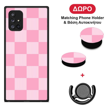 Pink and White Striped Checks - Samsung Galaxy A71 5G θήκη + Δώρο Phone Holder & Βάση Αυτοκινήτου