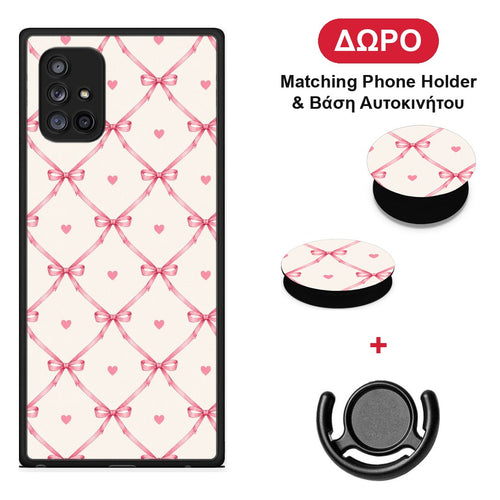 Pink Bow Lattice and Hearts on Cream - Samsung Galaxy A71 5G θήκη + Δώρο Phone Holder & Βάση Αυτοκινήτου