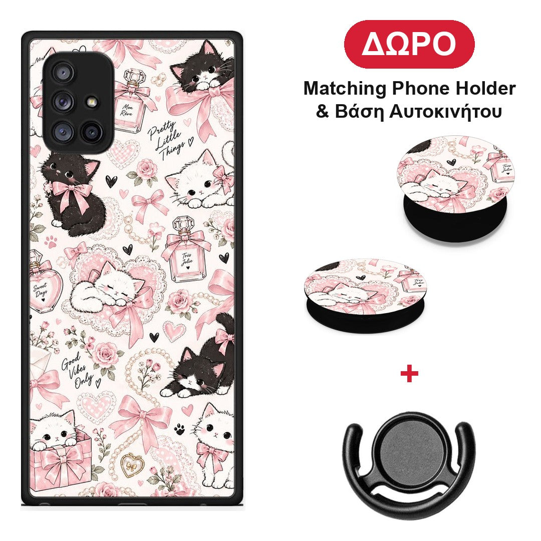 Pink Bows and Kittens Collage - Samsung Galaxy A71 5G θήκη + Δώρο Phone Holder & Βάση Αυτοκινήτου