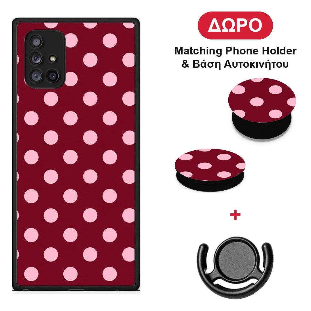 Pink Polka Dots on Burgundy - Samsung Galaxy A71 5G θήκη + Δώρο Phone Holder & Βάση Αυτοκινήτου