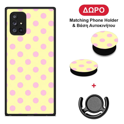 Pink Polka Dots on Yellow - Samsung Galaxy A71 5G θήκη + Δώρο Phone Holder & Βάση Αυτοκινήτου