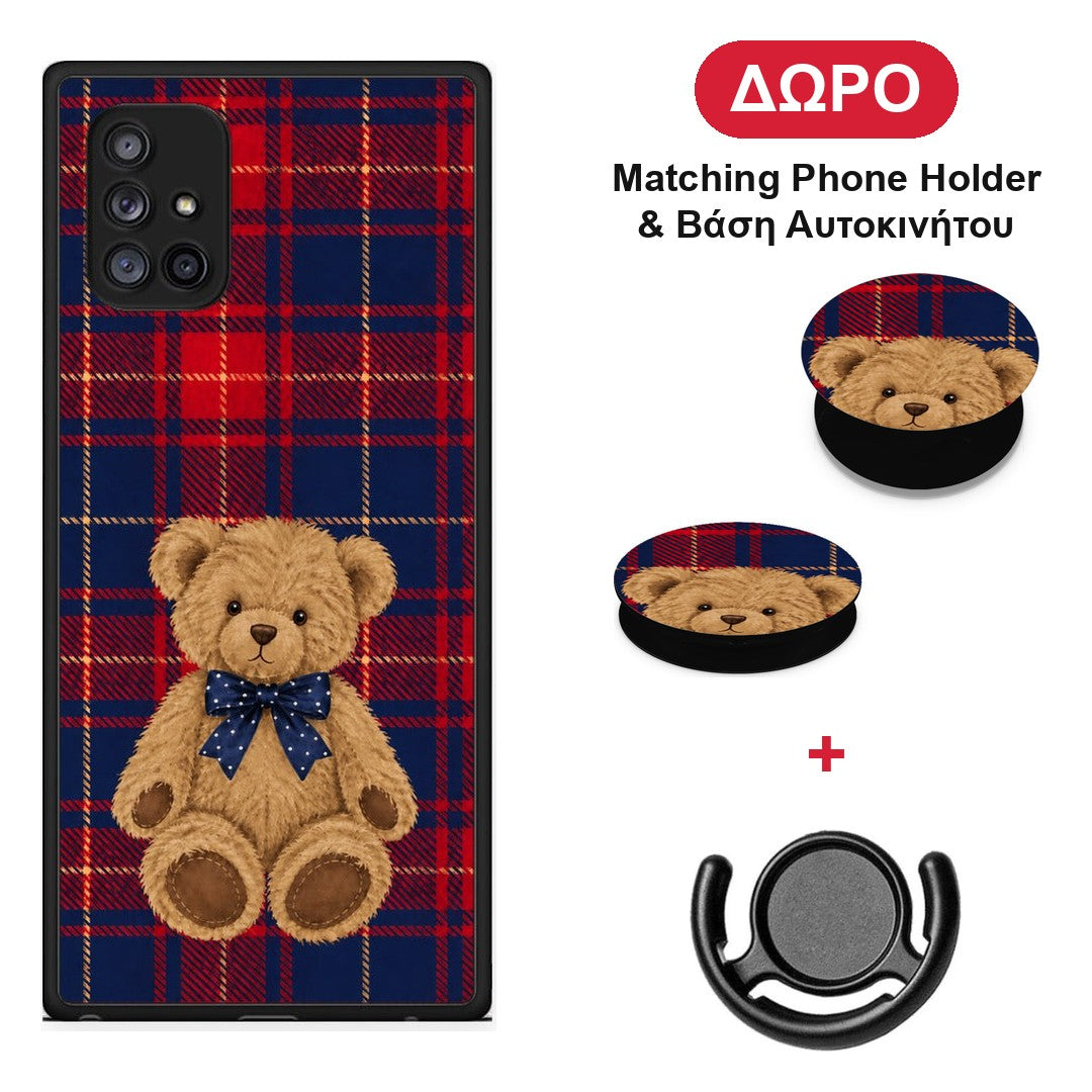 Teddy Bear on Red and Navy Tartan - Samsung Galaxy A71 5G θήκη + Δώρο Phone Holder & Βάση Αυτοκινήτου