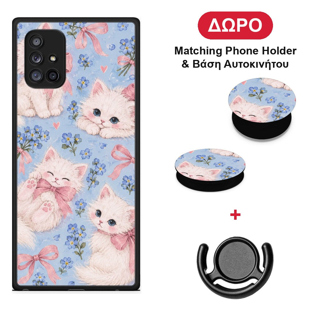 White Kittens and Blue Flowers Large - Samsung Galaxy A71 5G θήκη + Δώρο Phone Holder & Βάση Αυτοκινήτου