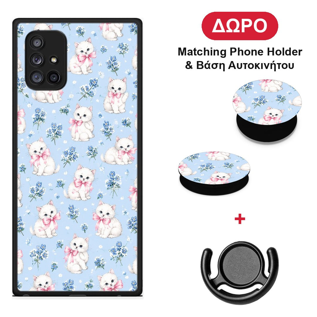 White Kittens and Blue Flowers Small - Samsung Galaxy A71 5G θήκη + Δώρο Phone Holder & Βάση Αυτοκινήτου