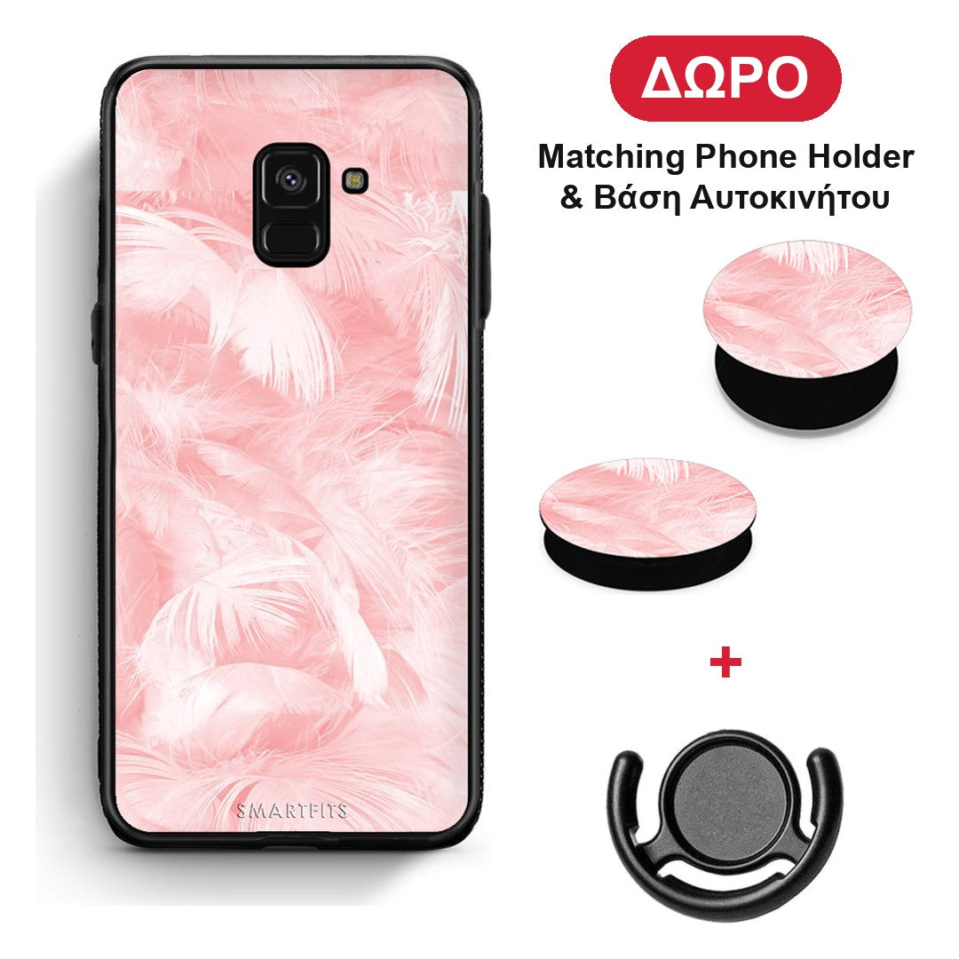 Boho Pink Feather - Samsung Galaxy A8 θήκη + Δώρο Phone Holder & Βάση Αυτοκινήτου