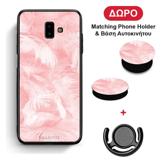 Boho Pink Feather - Samsung Galaxy J6+ θήκη + Δώρο Phone Holder & Βάση Αυτοκινήτου