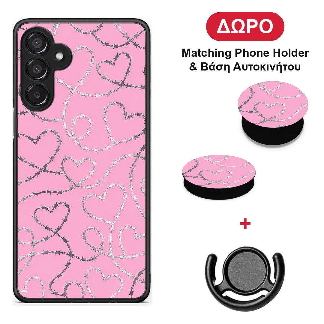 Barbed Wire Hearts on Pink - Samsung Galaxy M15 θήκη + Δώρο Phone Holder & Βάση Αυτοκινήτου