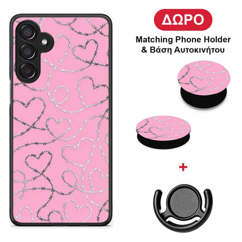 Barbed Wire Hearts on Pink - Samsung Galaxy M15 θήκη + Δώρο Phone Holder & Βάση Αυτοκινήτου