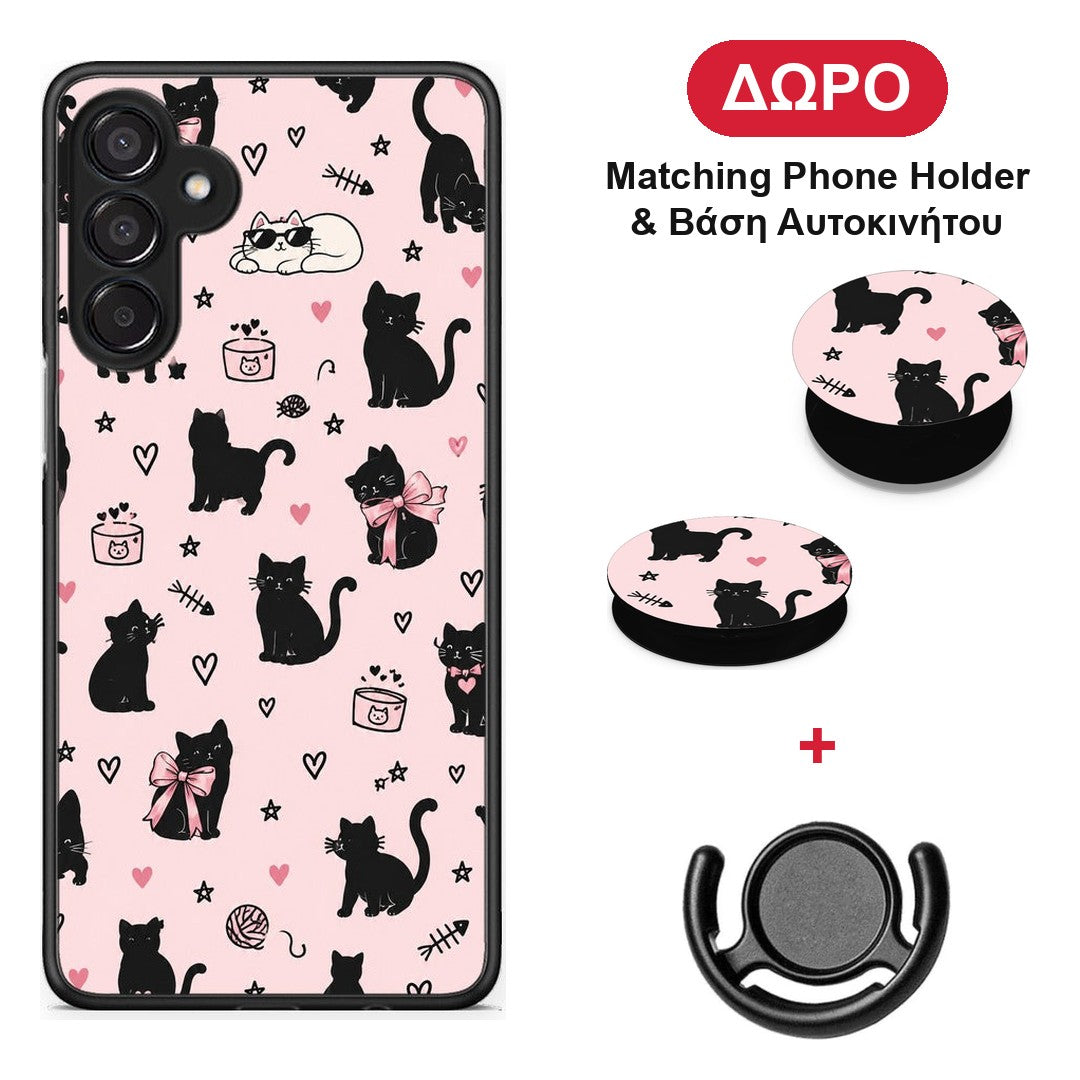 Black Cat Doodles on Pink - Samsung Galaxy M15 θήκη + Δώρο Phone Holder & Βάση Αυτοκινήτου