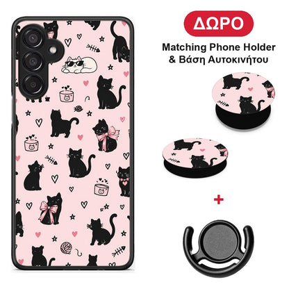 Black Cat Doodles on Pink - Samsung Galaxy M15 θήκη + Δώρο Phone Holder & Βάση Αυτοκινήτου