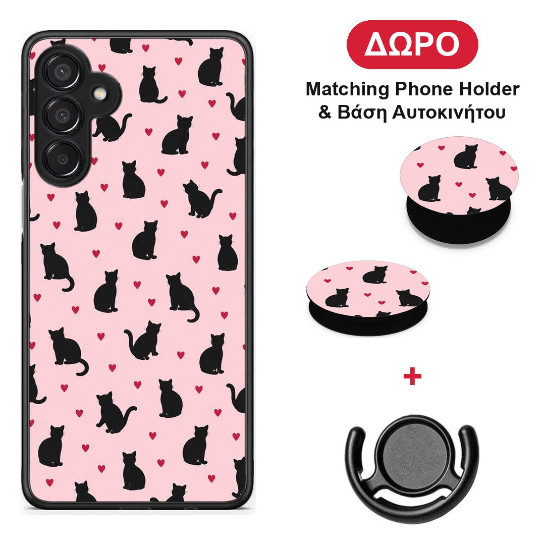 Black Cat Silhouettes and Hearts on Pink - Samsung Galaxy M15 θήκη + Δώρο Phone Holder & Βάση Αυτοκινήτου