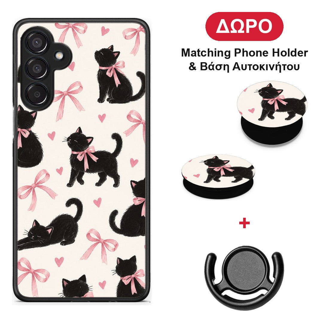 Black Kittens and Pink Bows on Cream Large - Samsung Galaxy M15 θήκη + Δώρο Phone Holder & Βάση Αυτοκινήτου
