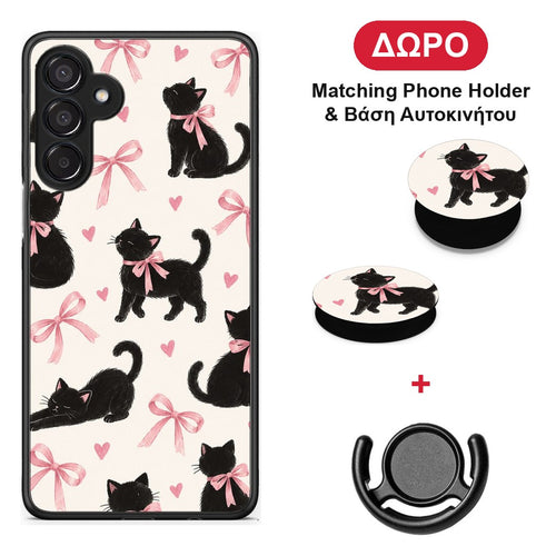 Black Kittens and Pink Bows on Cream Large - Samsung Galaxy M15 θήκη + Δώρο Phone Holder & Βάση Αυτοκινήτου