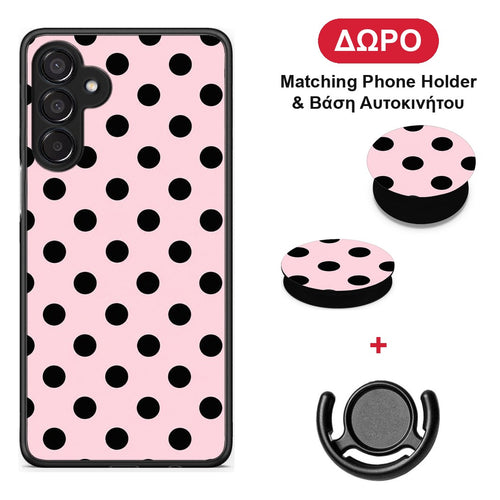 Black Polka Dots on Pink - Samsung Galaxy M15 θήκη + Δώρο Phone Holder & Βάση Αυτοκινήτου