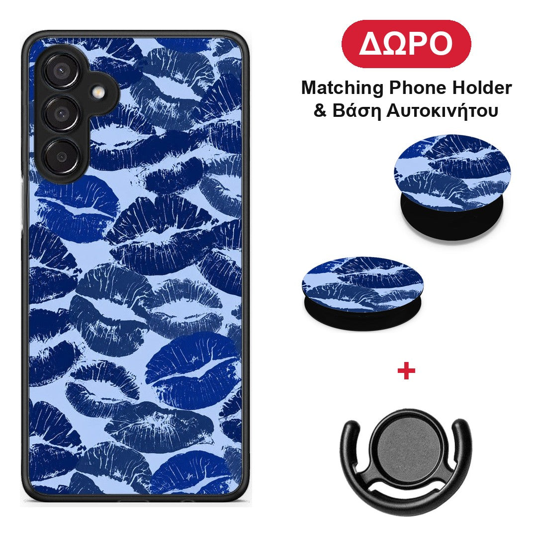 Blue Lipstick Kisses - Samsung Galaxy M15 θήκη + Δώρο Phone Holder & Βάση Αυτοκινήτου